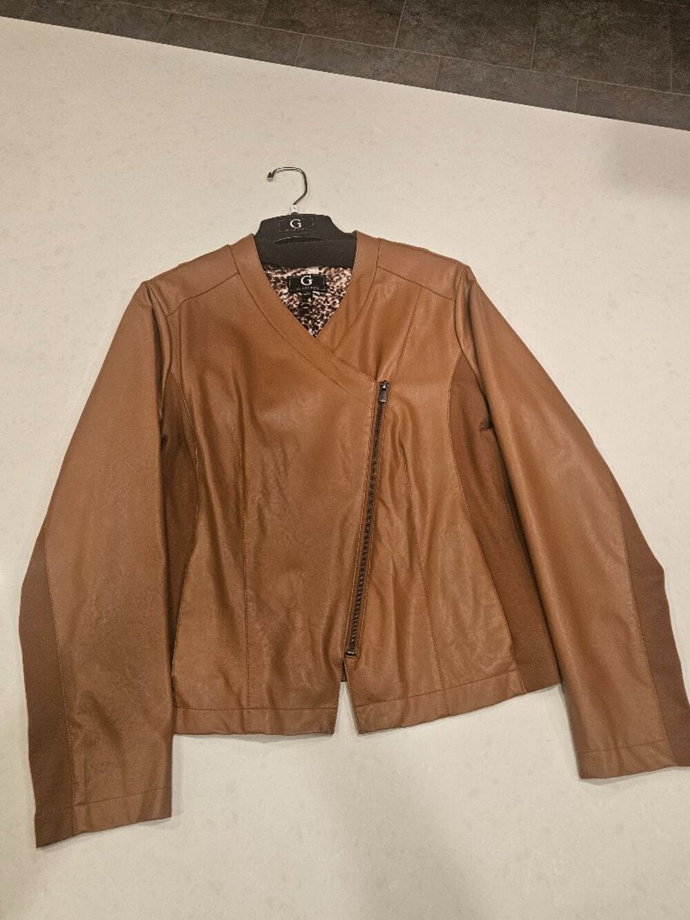 G by Giuliana Faux Leather Moto Jacket with Stretch Insets - Caramel - Size L